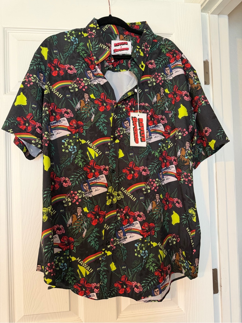 RSVLTS Black Hawaiian Floral Print Button-Down Shirt with Red & Green Accents